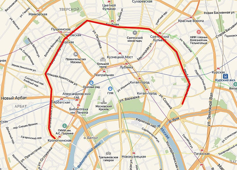 Бульварное кольцо на карте Москвы